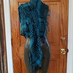Royal Blue & Black Check/Plaid Scarf Shawl Fringe